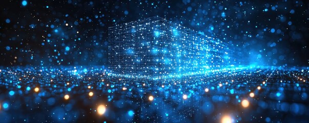Wall Mural - abstract depiction of a glowing polygonal mesh with digital blue particles
