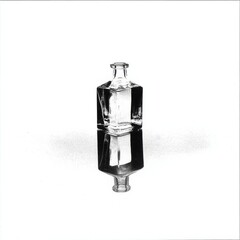 Aufkleber - Monochromatic Still Life:  Clear Glass Bottle Reflecting on White Background, a Study in Form and Light.