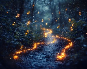 Wall Mural - a magical glowing trail winds through a forest at dusk surrounded by twinkling fireflies