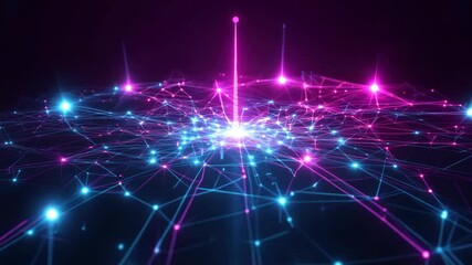 Wall Mural - a glowing neon grid of connected nodes and lines resembling a digital network. 4k video footage