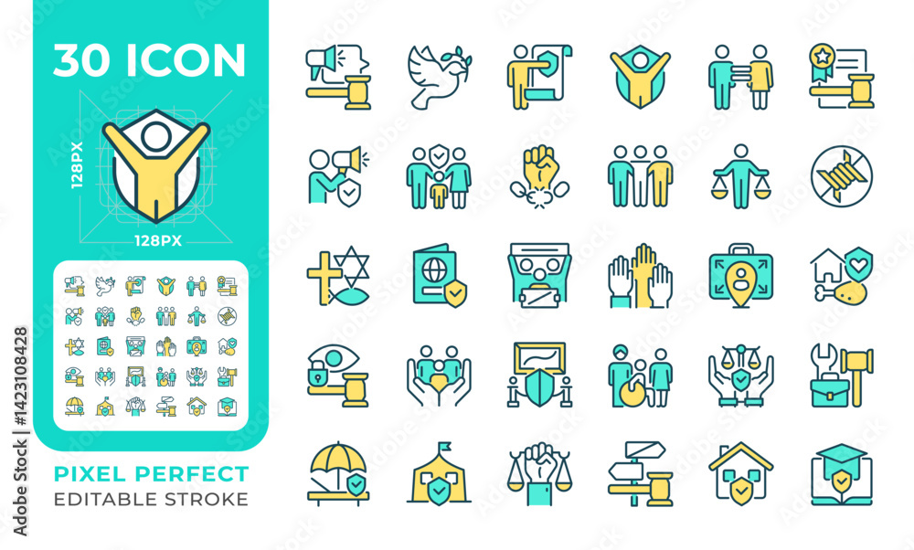 Human rights pixel perfect line color icons set. Protecting people ...