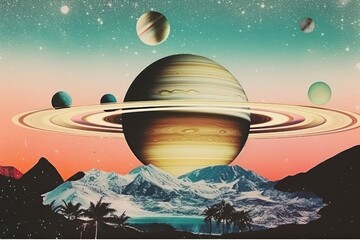 Wall Mural - collage retro dreamy saturn astronomy universe outdoors.