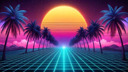 Floating Island with Surreal Neon Effects