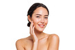 © AuroraCrafts - Smiling young woman with healthy glowing skin touching face, beauty skincare, isolated on transparent background