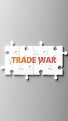 Poster - Trade War complex like a puzzle - pictured as word trade war on a puzzle pieces to show that trade war is complex and needs cooperating pieces that fit together. ,3d illustration