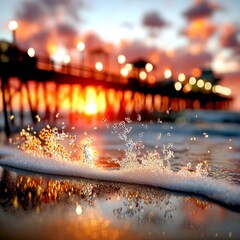 Poster - Golden Hour at the Beach: A Serene Sunset Scene with Pier Lights Reflecting on Gentle Waves and Wet Sand, Capturing the Beauty of Dusk.
