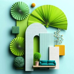 Aufkleber - Tranquil Geometry: Abstract Still Life with Green Fan Details and a Serene Blue Sofa - A Modern Interior Composition
