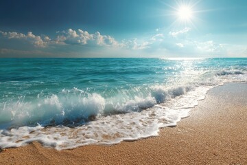 ocean wave on sandy beach under sunny blue sky