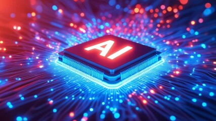 Fototapete - AI word on microchip and colorful light spread with strong beam , AI concept with copyspace banner background, Generative AI
