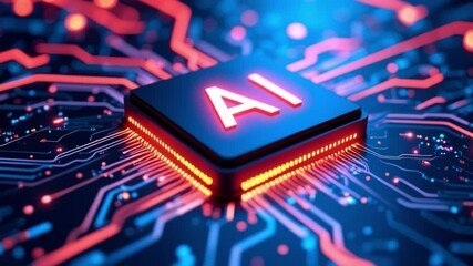 Fototapete - AI word on microchip and colorful light spread with strong beam , AI concept with copyspace banner background, Generative AI