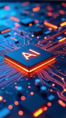 Fototapete - AI word on microchip and colorful light spread with strong beam , AI concept with copyspace banner background, Generative AI