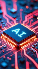 Poster - AI word on microchip and colorful light spread with strong beam , AI concept with copyspace banner background, Generative AI