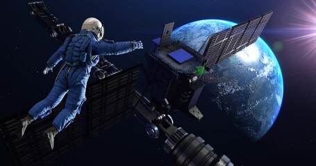 Wall Mural - astronaut floating peacefully near orbiting space station above earth. space and technology related 