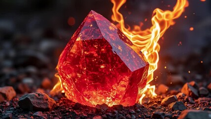 Aufkleber - A large red crystal is surrounded by fire