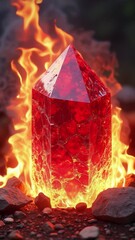 Aufkleber - A large red crystal is surrounded by fire