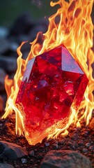 Aufkleber - A large red crystal is surrounded by fire