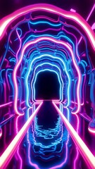 Aufkleber - Abstract Neon Light Tunnel with Reflections and Smooth Wavy Forms