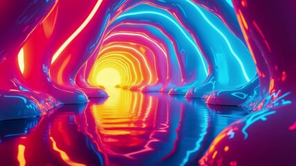 Aufkleber - Abstract Neon Light Tunnel with Reflections and Smooth Wavy Forms