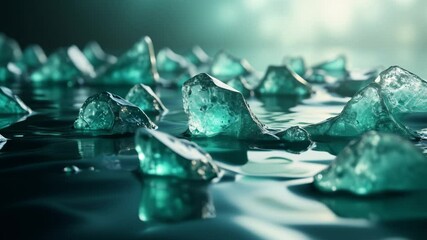 Poster - Translucent teal waves glow with inner light, reflecting on a smooth surface, amidst stylized crystalline forms