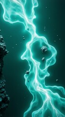 Poster - Translucent teal waves glow with inner light, reflecting on a smooth surface, amidst stylized crystalline forms