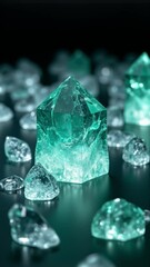 Poster - Translucent teal waves glow with inner light, reflecting on a smooth surface, amidst stylized crystalline forms