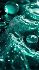 Poster - Translucent teal waves glow with inner light, reflecting on a smooth surface, amidst stylized crystalline forms