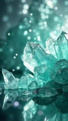 Poster - Translucent teal waves glow with inner light, reflecting on a smooth surface, amidst stylized crystalline forms