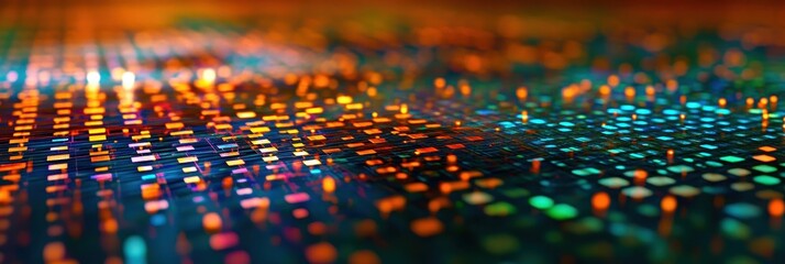 Wall Mural - Information Technology Background. Futuristic Server Code Processing on Circuit Board with Orange, Green, Blue Technology Theme