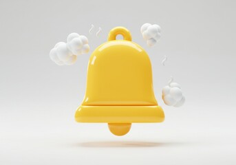 Wall Mural - a yellow bell with white clouds floating around it on a white background in a rendered style