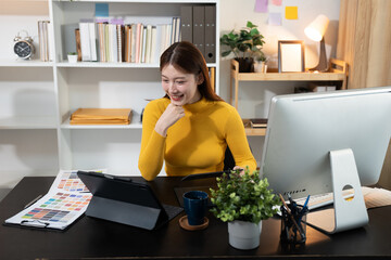 designer woman thinking ideas strategy about mobile app interface wireframe design with customer bre