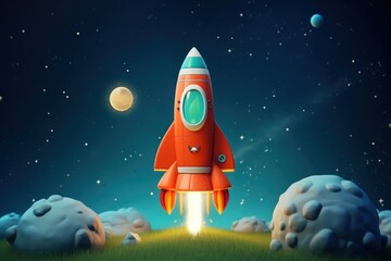 Wall Mural - cute hilly retro rocket in space fantasy background astronomy outdoors vehicle.