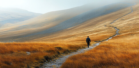lone hiker trekking scenic mountain path golden grasses autumn day perfect for travel adventure and 