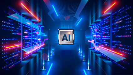 Leinwandbilder - Processor with integration AI. AI Letters on chip. CPU connected to data storage. Artificial intelligence technology in electronic chip. Data processing by artificial intelligence chip. AI hardware.
