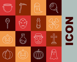 Wall Mural - Set line Ghost, Tombstone with cross, Crossed bones, Vampire, Lollipop, Halloween witch cauldron and Bottle potion icon. Vector