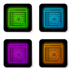 Wall Mural - glowing neon line search engine icon isolated on white background. black square button. vector