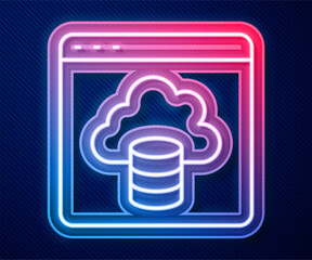 Wall Mural - glowing neon line cloud technology data transfer and storage icon isolated on blue background. vecto