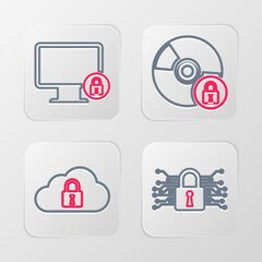 Wall Mural - set line cyber security, cloud computing lock, cd or dvd disk with and lock on monitor icon. vector