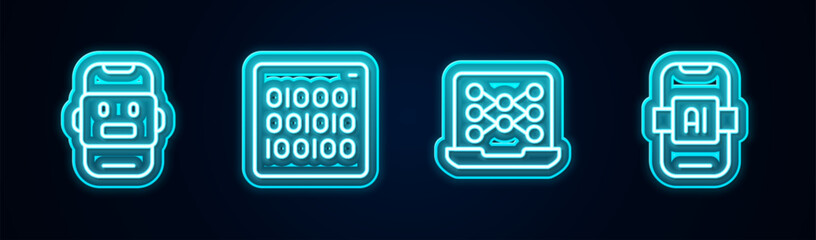 Wall Mural - set line chat bot, binary code, neural network and artificial intelligence ai. glowing neon icon. ve