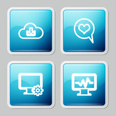 Wall Mural - set line cloud download, heart in speech bubble, computer monitor and gear and monitor with cardiogr