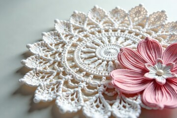 Intricate floral lace doily, delicate texture, pattern, floral, fabric