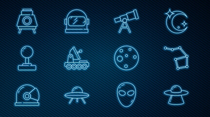 Wall Mural - set line ufo flying spaceship, great bear constellation, telescope, mars rover, joystick, planet and