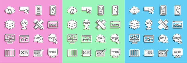 Wall Mural - Set line Web and graphic design, UI or UX, Front end development, Layers, Cloud computing lock and Crossed ruler pencil icon. Vector