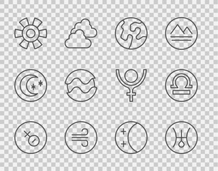 Wall Mural - set line venus symbol, symbol uranus, earth globe, windy weather, sun, planet, eclipse of sun and li