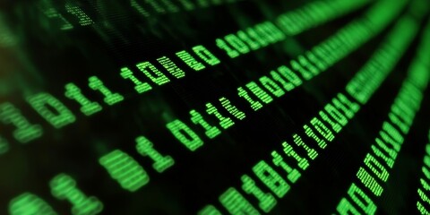 Glowing Neon Green Codes With Ones And Zero Binary Numbers Flow Down In Diagonal Lines