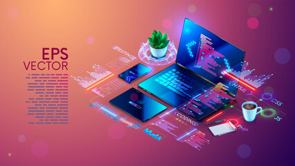 Wall Mural - software development concept. programming, debugging program or code for laptop, phone, tablet. crea