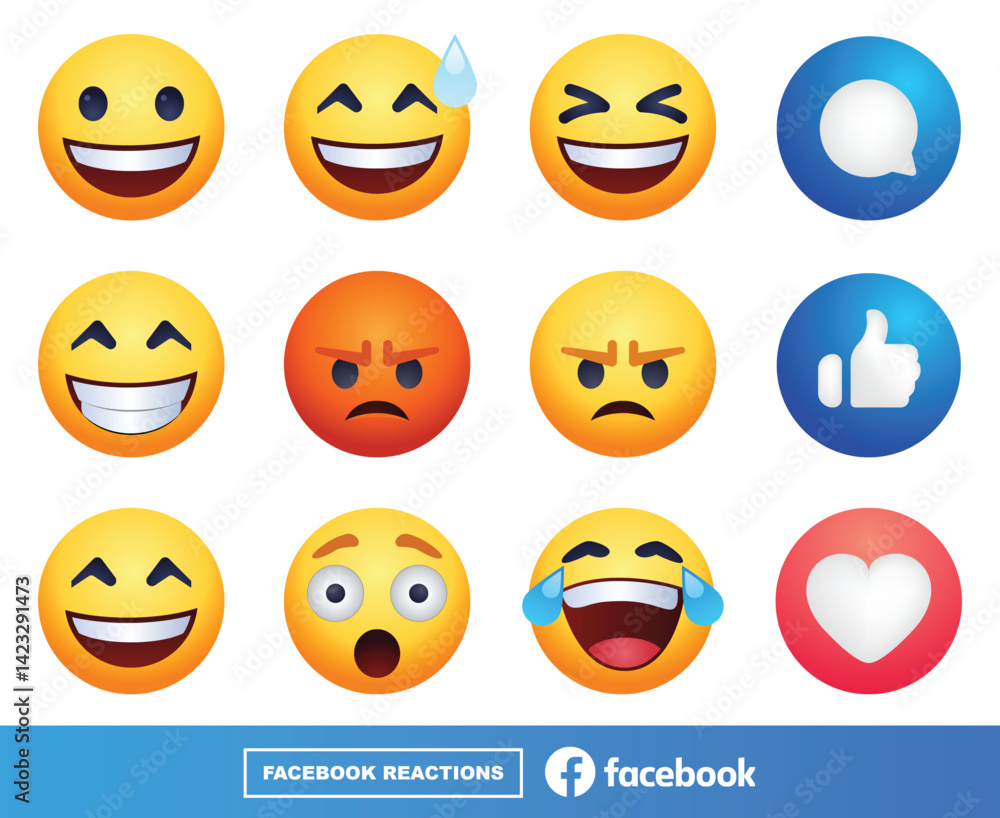 Facebook reactions. social media smiley emoji face. Social network ...