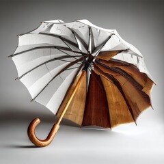 Poster - Elegant Still Life of an Open Umbrella Featuring White and Brown Panels on a Light Background 