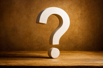 Fototapete - Large beige question mark symbol standing upright on wooden surface with warm textured brown background and dramatic lighting concept.