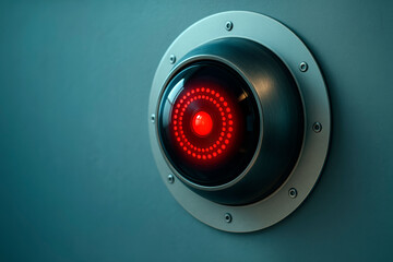 Poster - Futuristic red eye camera lens mounted on metallic circular base against teal wall background in dark lighting, symbolizing artificial intelligence focus.