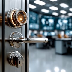 Aufkleber - Securing the Future: A Glimpse Inside a High-Tech Control Room Through an Advanced Vault Door